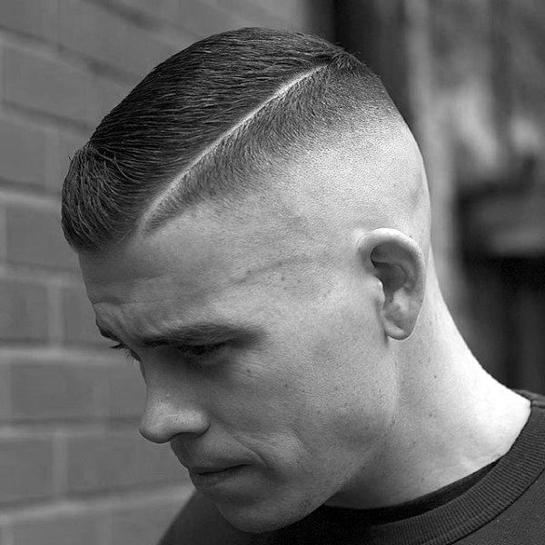 Guys High And Tight Hair With Shaved Hard Part Line On Sides And High Fade high and tight haircuts for men