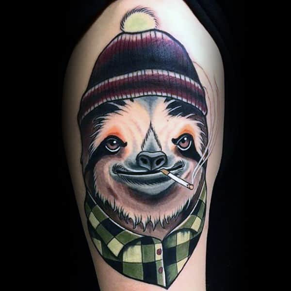 Guys Hipster Sloth Upper Arm Tattoos