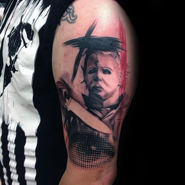 Guys Horror Trash Polka Abstract Upper Arm Tattoos