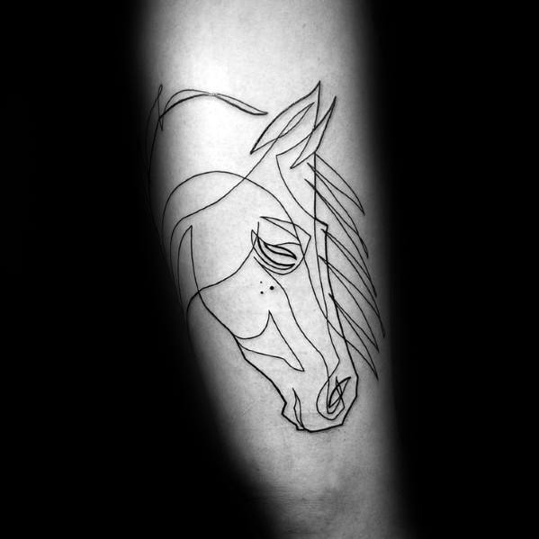 Minimalist single-line tattoo of a horse head on the forearm, featuring abstract curves and a calm, artistic expression