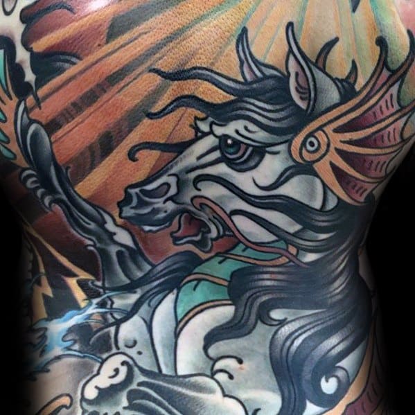 Vibrant full back tattoo of a stylized horse with flowing mane, dramatic lines, and bold colors including orange, teal, and black