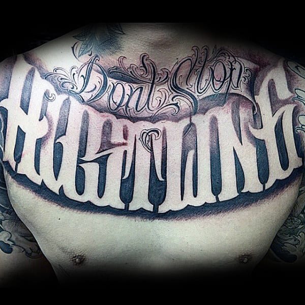 Guys Hustling Script Chest Tattoo Designs