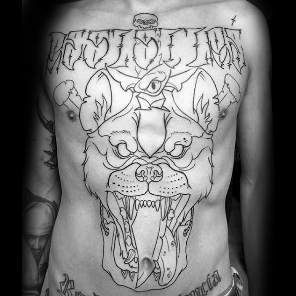 Large blackwork hyena outline tattoo covering the torso, featuring a third eye, open mouth, and sharp exaggerated details for a surreal look.