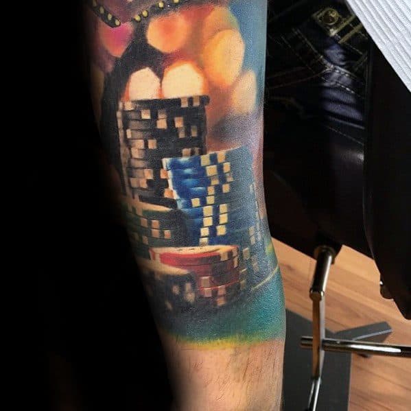 Guys Hyper Realistic 3d Forearm Sleeve Poker Chip Tattoo Design Ideas
