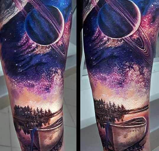 Guys Hyper Realistic Boat Under Night Sky Sleeve Tattoo