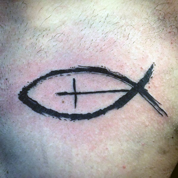 Guys Ichthus Tattoo Design Ideas Paint Brush Stroke On Chest