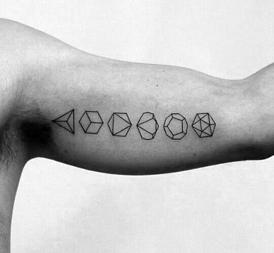 Minimalist tattoo of Platonic solids in progression on inner arm, ending with an icosahedron in clean black linework.