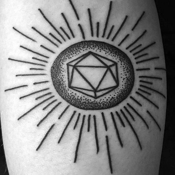 Icosahedron tattoo with dotwork shading and radiant lines, resembling a sunburst or cosmic energy surrounding the geometric shape.