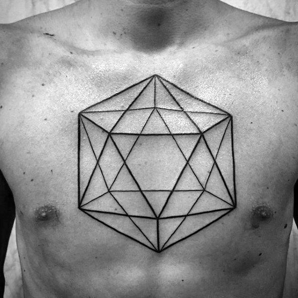 Large icosahedron chest tattoo with bold, clean black lines forming a symmetrical geometric design across the sternum.