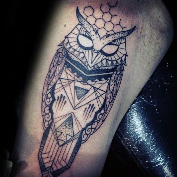 Guys Inner Arm Bicep Geometric Owl Tattoos