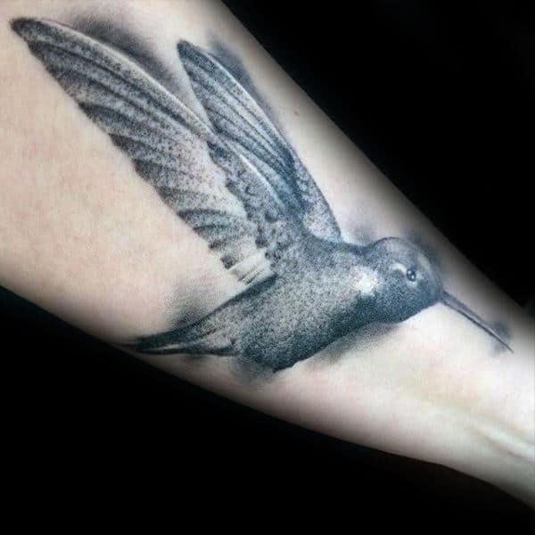 Guys Inner Arm Shaded Hummingbird Tattoo Designs