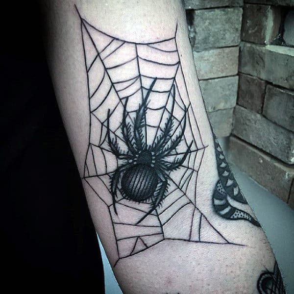 Guys Inner Elbow Spider Web Tattoo Ideas