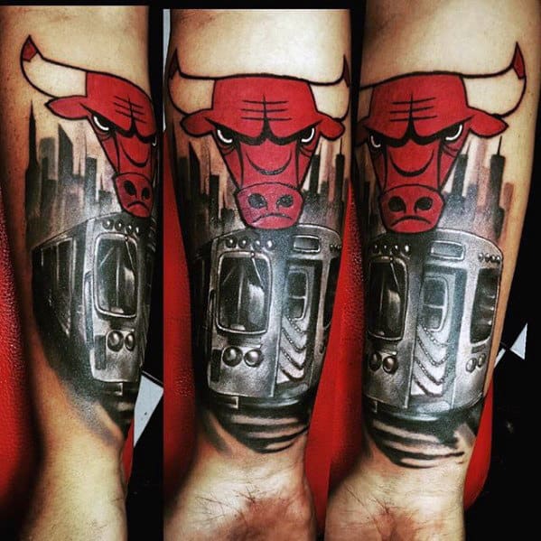 Guys Inner Forearm Chicago Bulls Skyline Tattoo