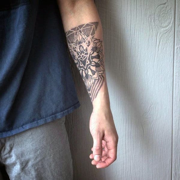 Guys Inner Forearm Dotwork Geometric Peony Flower Tattoo
