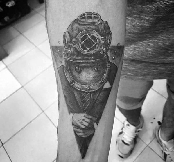 Guys Inner Forearm Man In Suit Wearing Diving Helmet Tattoo