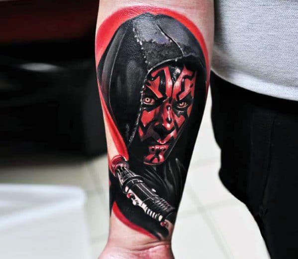 Guys Inner Forearm Wrist Realistic Tattoos With Darth Maul Design