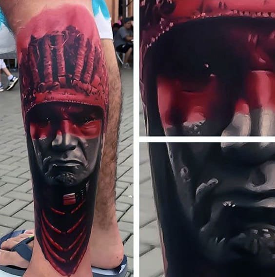 Guys Insane Red Ink Native American Indian Leg Tattoo
