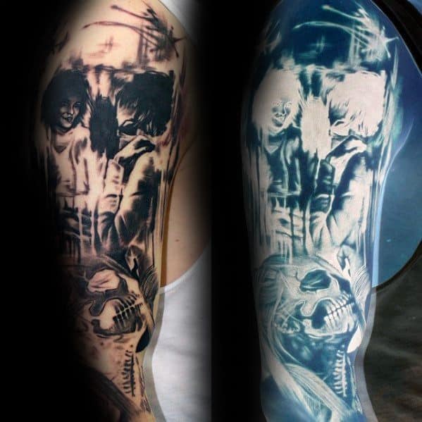 Inverted tattoo featuring eerie portraits, skeletal imagery, and abstract elements, shifting from dark realism to glowing blue tones.