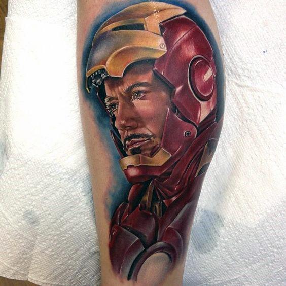 Iron Man tattoo featuring a highly detailed, vibrant portrait of Tony Stark in his helmet, with rich colors and shading to capture his heroic expression.
