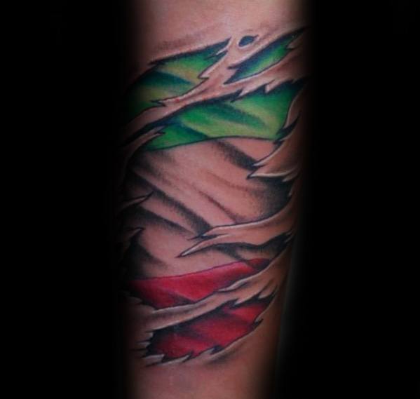 Forearm tattoo with a torn skin effect revealing the Italian flag underneath, symbolizing deep pride and a strong connection to Italian roots.