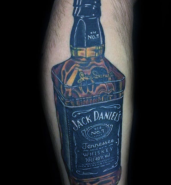 Guys Jack Daniels Tattoo Design On Legs