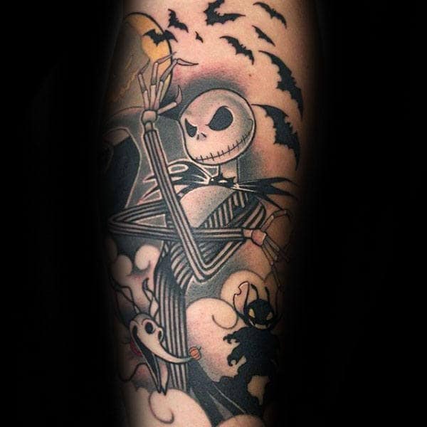 Guys Jack Night Before Christmas Themed Arm Tattoo