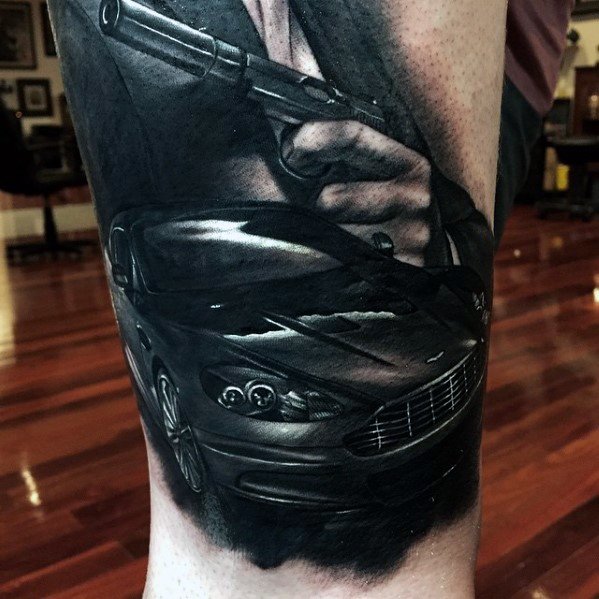 Guys James Bond 3d Realistic Leg Tattoo Deisgns