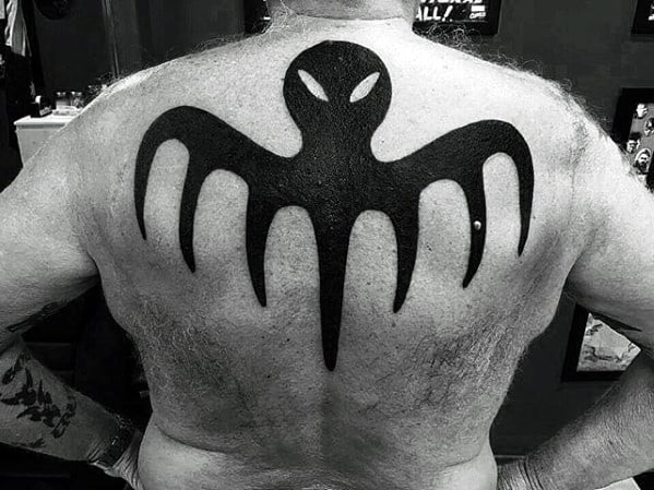 Guys James Bond Logo Upper Back Solid Black Ink Octopus Tattoos