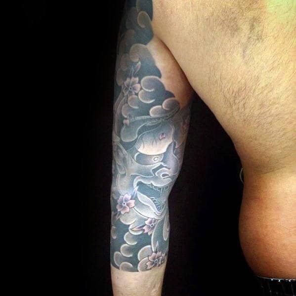 Guys Japanese Cloud With Demon Mask Shaded Half Sleeve Tattoos