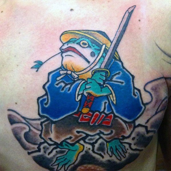 Japanese-style tattoo of a warrior frog dressed in traditional samurai attire, gripping a sword, with a straw hat and flowing robes, symbolizing bravery.