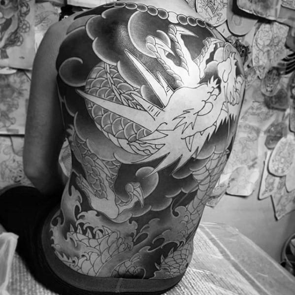 Guys Japanese Shaded Dragon Black And Grey Full Back Tattoo Ideas