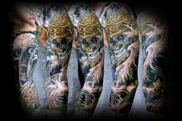 Guys Japanese Skull Gold Helmet Half Sleeve Tattoo