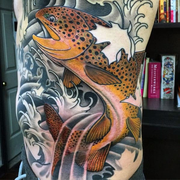Guys Japanese Trout Fish Rib Cage Side Tattoo Designs