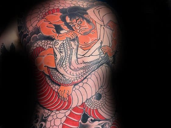 Guys Japanese Warrior Battling Snake Tattoo On Back