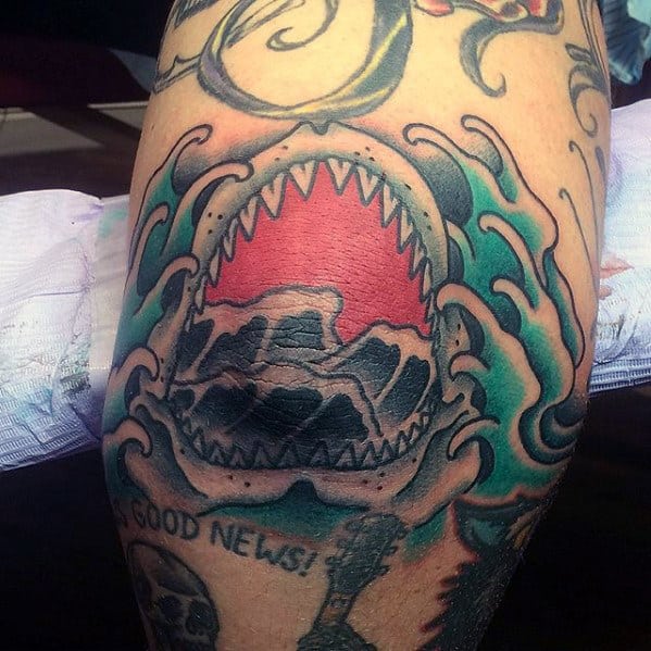 Guys Japanese Waves Shark Jaw Elbow Tattoos