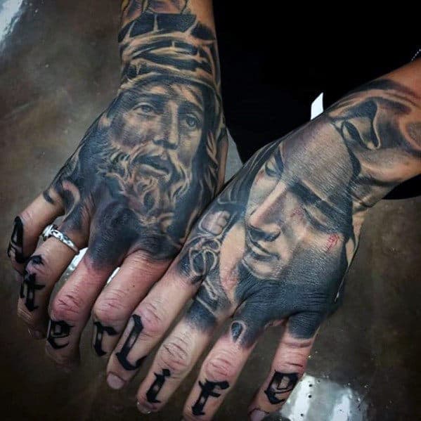 Guys Jesus And Mother Mary Realistic Hand Tattoos