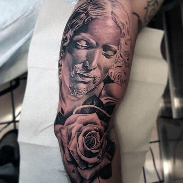 Guys Jesus Arm Tattoo With Rose Flower