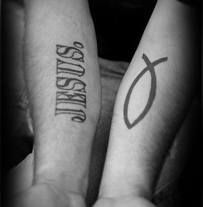 Guys Jesus Fish Ichthus Inner Forearm Tattoos