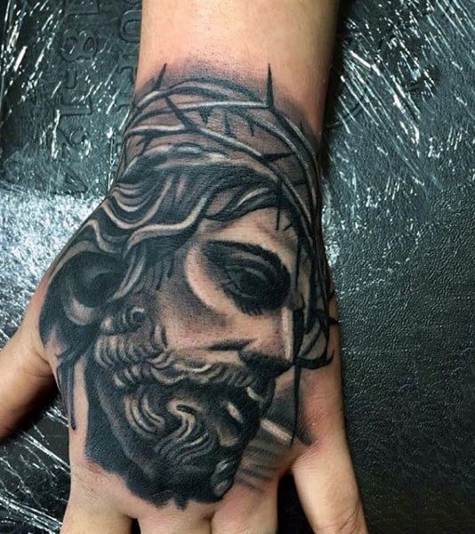 Jesus Portrait With Thorns Hand Tattoo