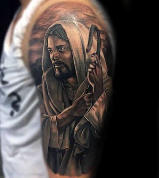 Guys Jesus Shepherd Half Sleeve Tattoo Designs