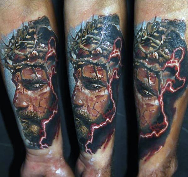 Guys Jesus With Crown Of Thorns Inner Forearm Tattoo Designs