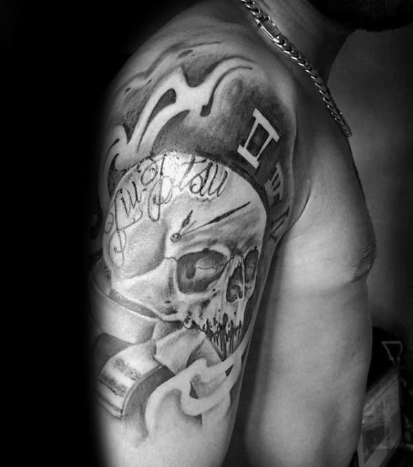 Guys Jiu Jitsu Skull Shaded Black And Grey Half Sleeve Tattoo