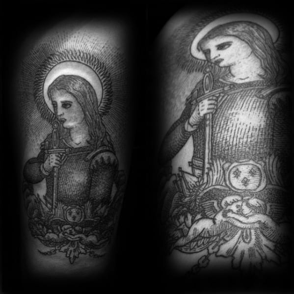 Dotwork Joan of Arc tattoo with a radiant halo, medieval armor, and floral elements, done in a detailed engraving style.