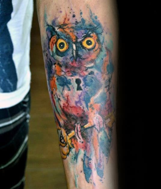 Guys Keyhole Watercolor Owl Tattoo Design Ideas