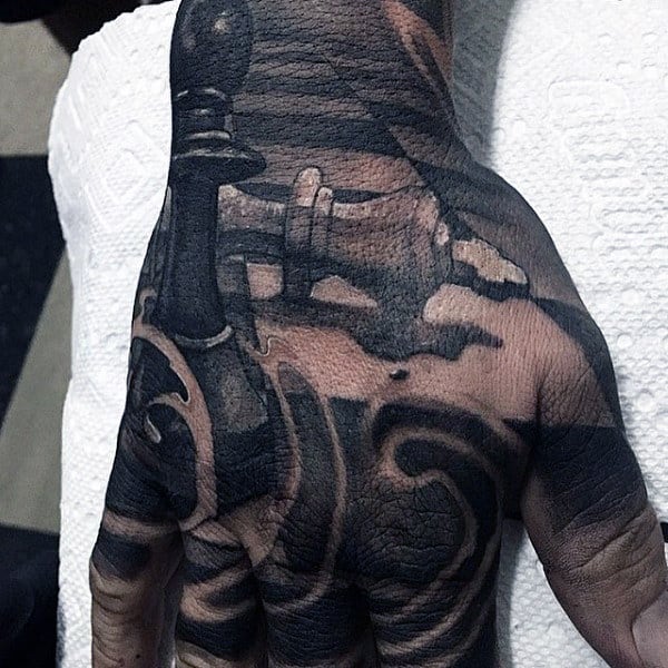 Guys King Chess Piece Realistic Hand Tattoos