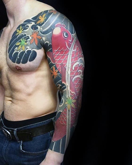 Guys Koi Fish With Leaves And Water Waves Japanese Chest Tattoo