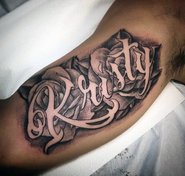 Guys Kristy Rose Flower Name Inner Arm Bicep Tattoo