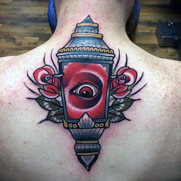 Guys Lantern Retro Traditional Upper Back Tattoo Deisgns