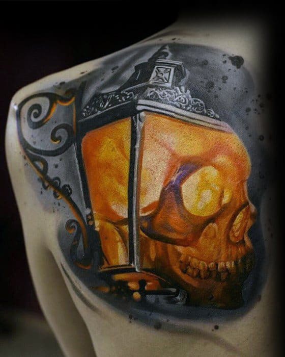 Guys Lantern Skull 3d Hyper Realistic Shoulder Blade Tattoo
