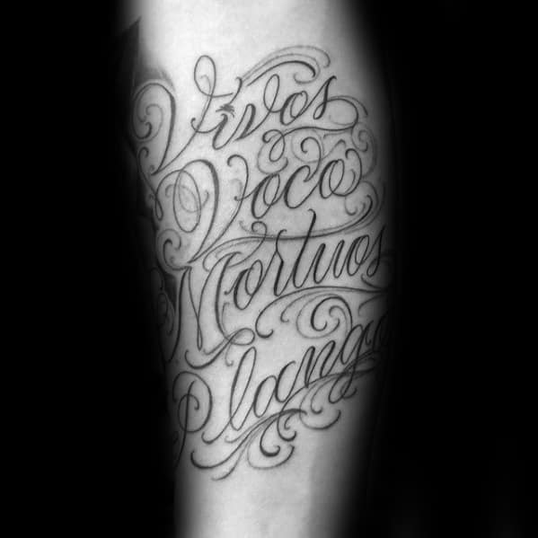 Guys Latin Tattoo Inner Forearm With Ornate Script Design
